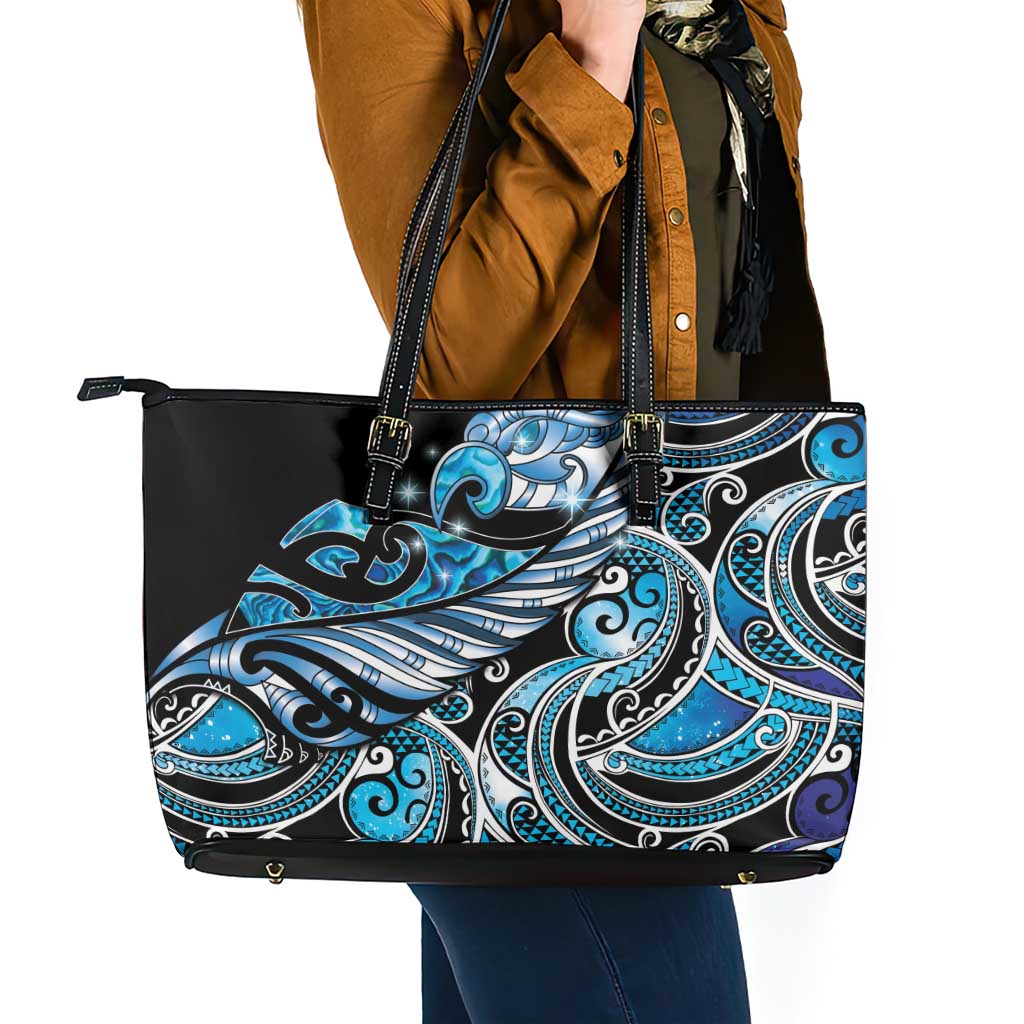 Maori Matariki - Manaia Leather Tote Bag Galaxy Blue Paua Shell