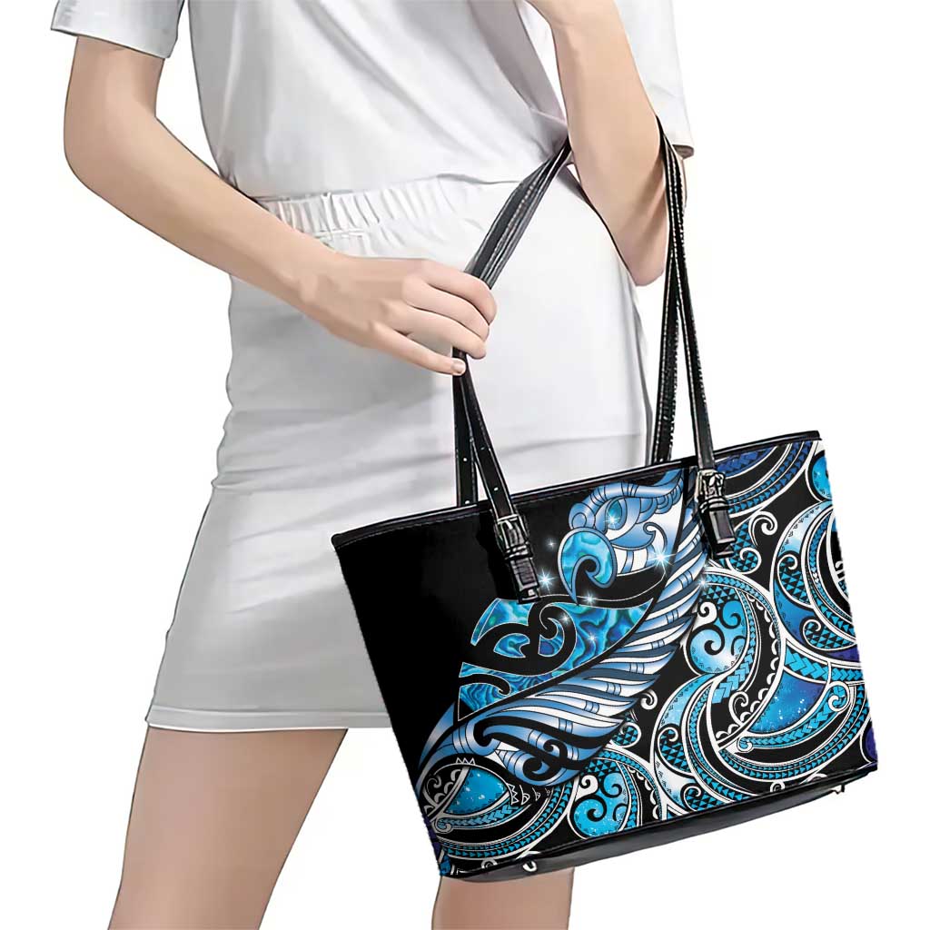 Maori Matariki - Manaia Leather Tote Bag Galaxy Blue Paua Shell