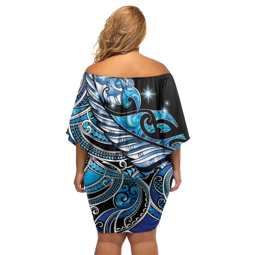 Maori Matariki - Manaia Off Shoulder Short Dress Galaxy Blue Paua Shell