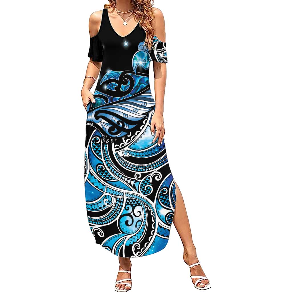 Maori Matariki - Manaia Summer Maxi Dress Galaxy Blue Paua Shell