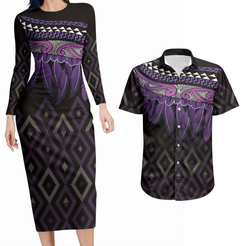 Aotearoa Maori Ngati Porou Iwi Couples Matching Long Sleeve Bodycon Dress and Hawaiian Shirt Korowai Tukutuku Kaokao Motifs LT7 Purple - Polynesian Pride