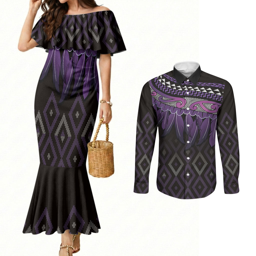 Aotearoa Maori Ngati Porou Iwi Couples Matching Mermaid Dress and Long Sleeve Button Shirt Korowai Tukutuku Kaokao Motifs LT7 Purple - Polynesian Pride