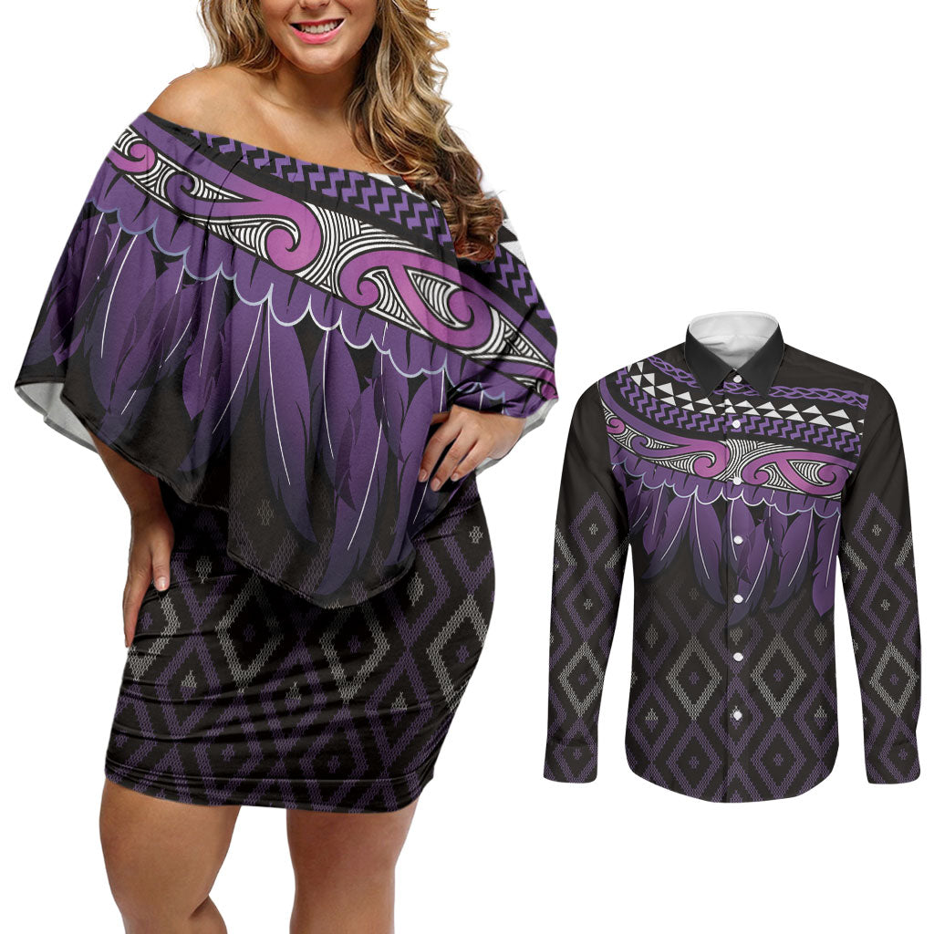Aotearoa Maori Ngati Porou Iwi Couples Matching Off Shoulder Short Dress and Long Sleeve Button Shirt Korowai Tukutuku Kaokao Motifs LT7 Purple - Polynesian Pride