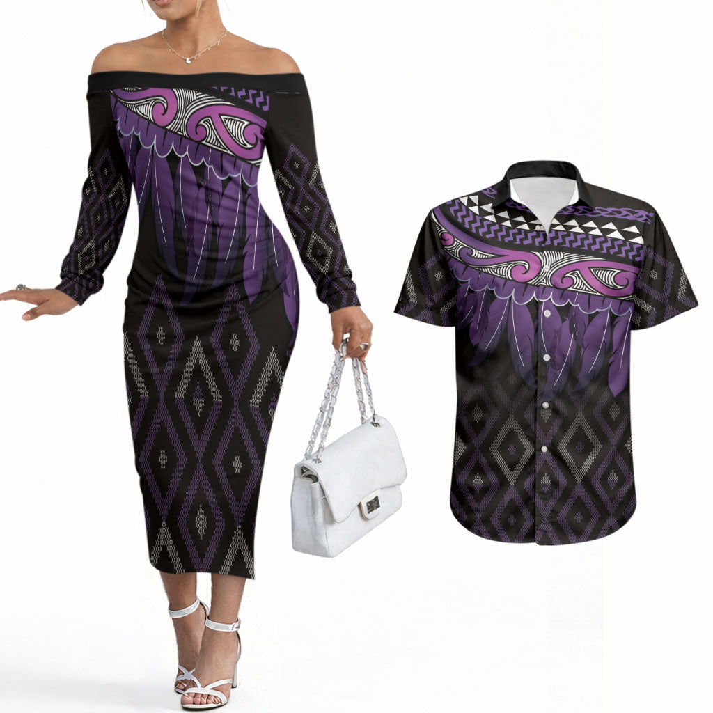 Aotearoa Maori Ngati Porou Iwi Couples Matching Off The Shoulder Long Sleeve Dress and Hawaiian Shirt Korowai Tukutuku Kaokao Motifs LT7 Purple - Polynesian Pride