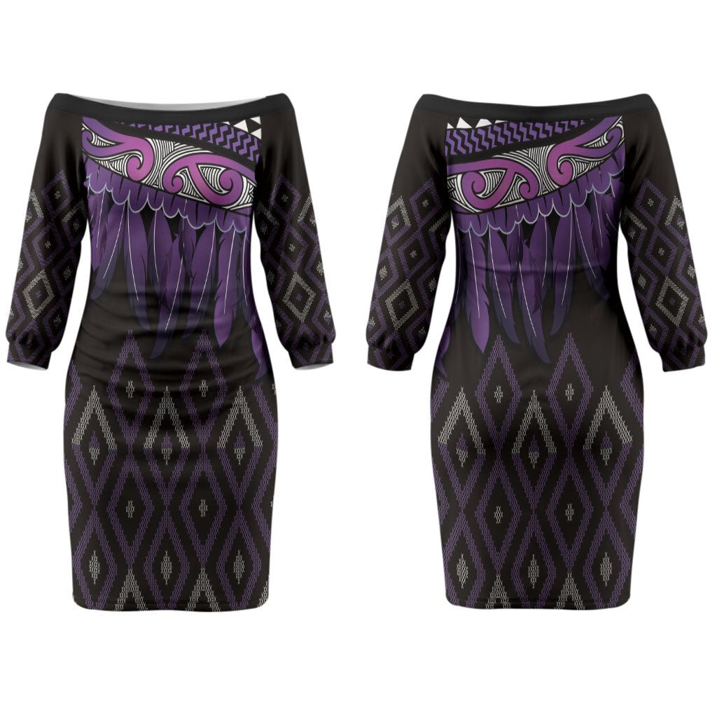 Aotearoa Maori Ngati Porou Iwi Couples Matching Off The Shoulder Long Sleeve Dress and Long Sleeve Button Shirt Korowai Tukutuku Kaokao Motifs