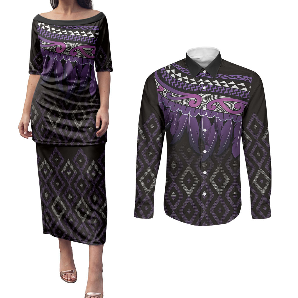 Aotearoa Maori Ngati Porou Iwi Couples Matching Puletasi and Long Sleeve Button Shirt Korowai Tukutuku Kaokao Motifs LT7 Purple - Polynesian Pride