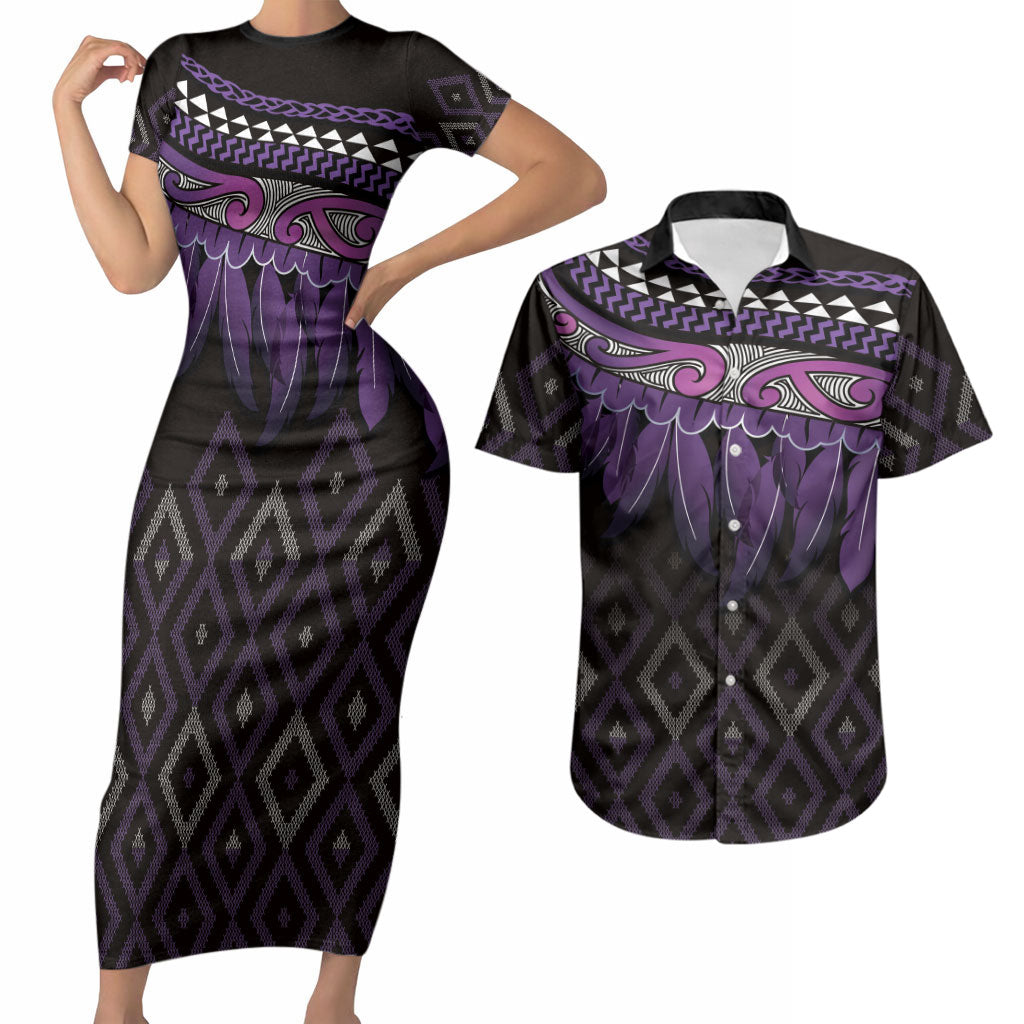 Aotearoa Maori Ngati Porou Iwi Couples Matching Short Sleeve Bodycon Dress and Hawaiian Shirt Korowai Tukutuku Kaokao Motifs LT7 Purple - Polynesian Pride