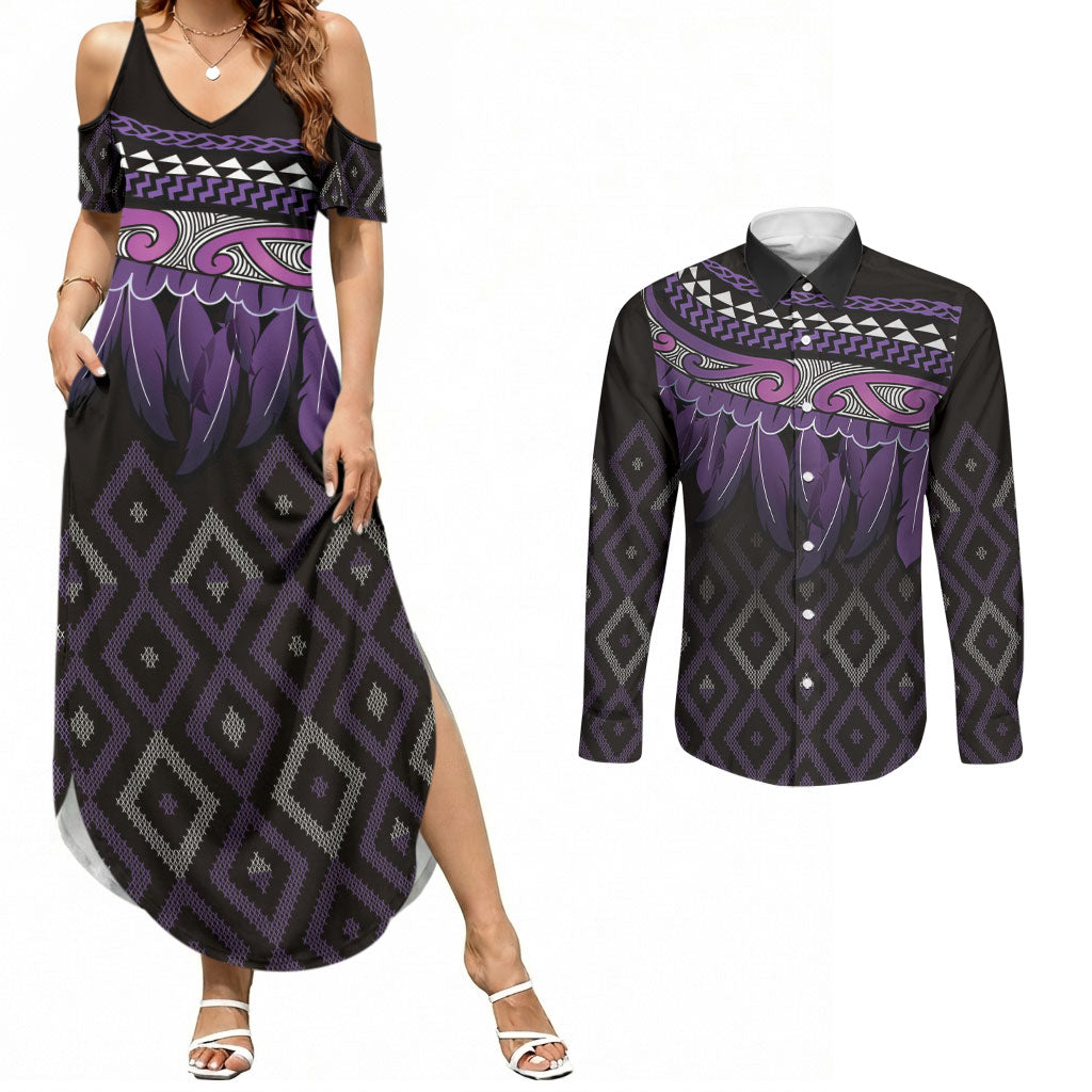 Aotearoa Maori Ngati Porou Iwi Couples Matching Summer Maxi Dress and Long Sleeve Button Shirt Korowai Tukutuku Kaokao Motifs LT7 Purple - Polynesian Pride