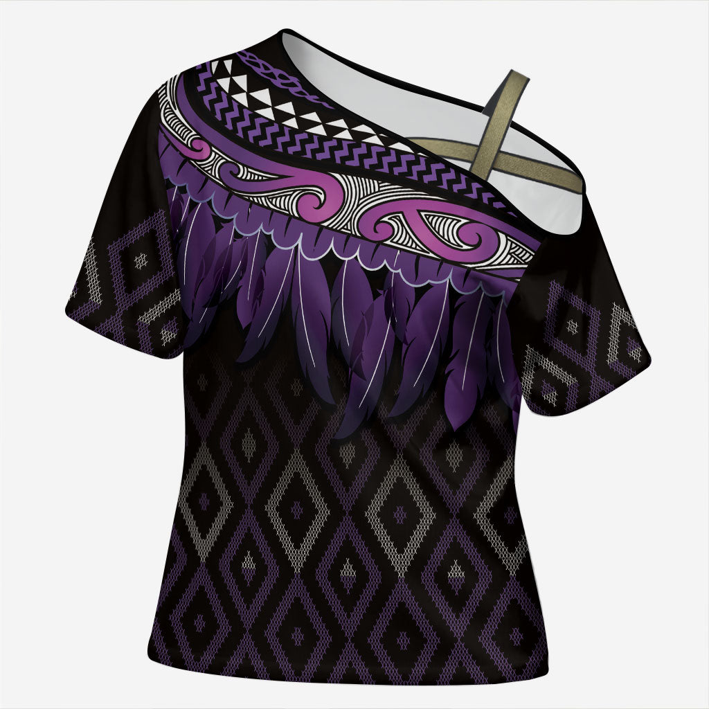Aotearoa Maori Ngati Porou Iwi Cross Shoulder Shirt Korowai Tukutuku Kaokao Motifs LT7 Female Purple - Polynesian Pride