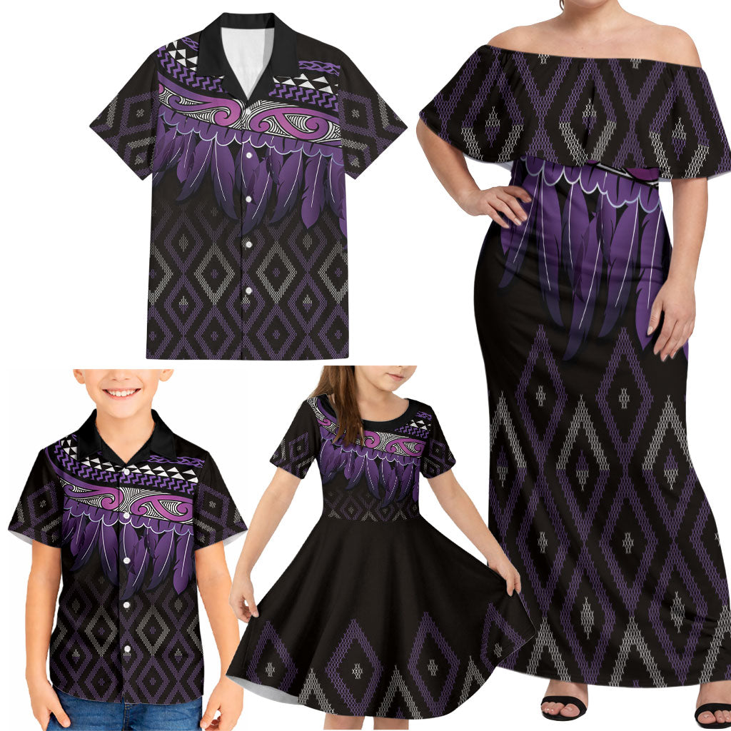 Aotearoa Maori Ngati Porou Iwi Family Matching Off Shoulder Maxi Dress and Hawaiian Shirt Korowai Tukutuku Kaokao Motifs LT7 - Polynesian Pride