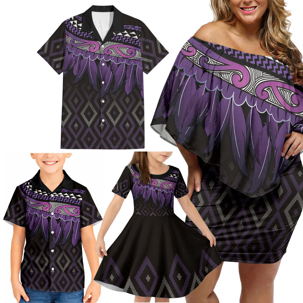 Aotearoa Maori Ngati Porou Iwi Family Matching Off Shoulder Short Dress and Hawaiian Shirt Korowai Tukutuku Kaokao Motifs LT7 - Polynesian Pride