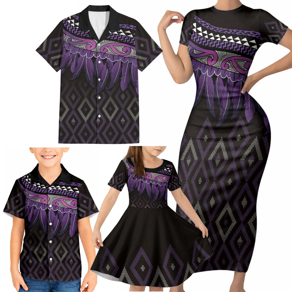 Aotearoa Maori Ngati Porou Iwi Family Matching Short Sleeve Bodycon Dress and Hawaiian Shirt Korowai Tukutuku Kaokao Motifs LT7 - Polynesian Pride
