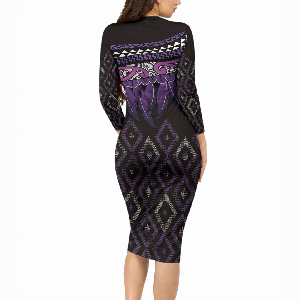 Aotearoa Maori Ngati Porou Iwi Long Sleeve Bodycon Dress Korowai Tukutuku Kaokao Motifs