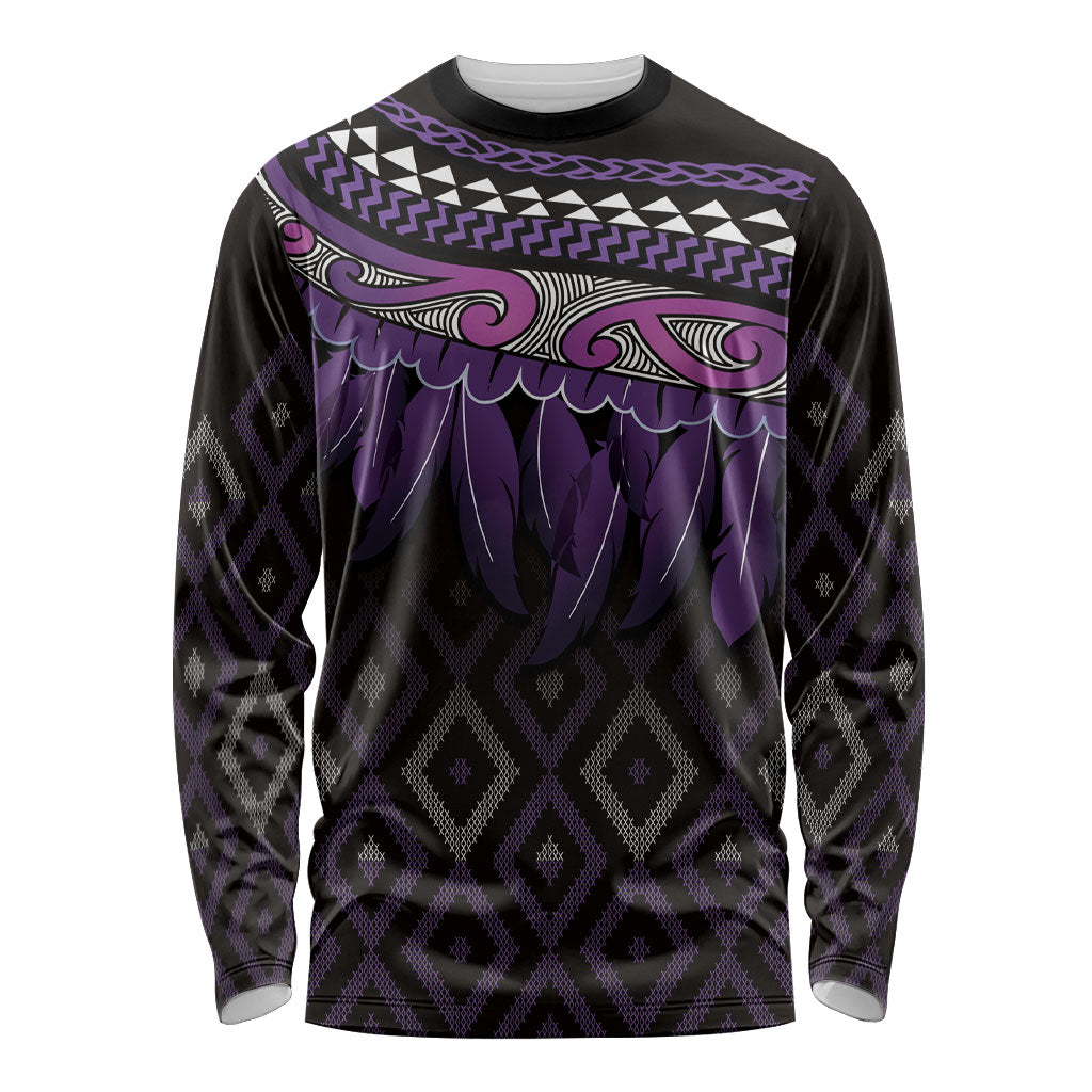 Aotearoa Maori Ngati Porou Iwi Long Sleeve Shirt Korowai Tukutuku Kaokao Motifs LT7 Unisex Purple - Polynesian Pride