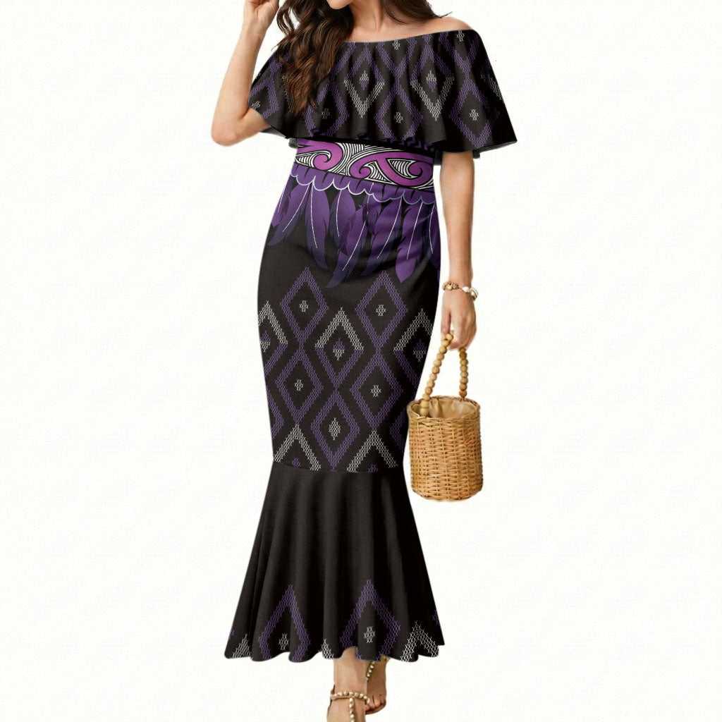 Aotearoa Maori Ngati Porou Iwi Mermaid Dress Korowai Tukutuku Kaokao Motifs LT7 Women Purple - Polynesian Pride