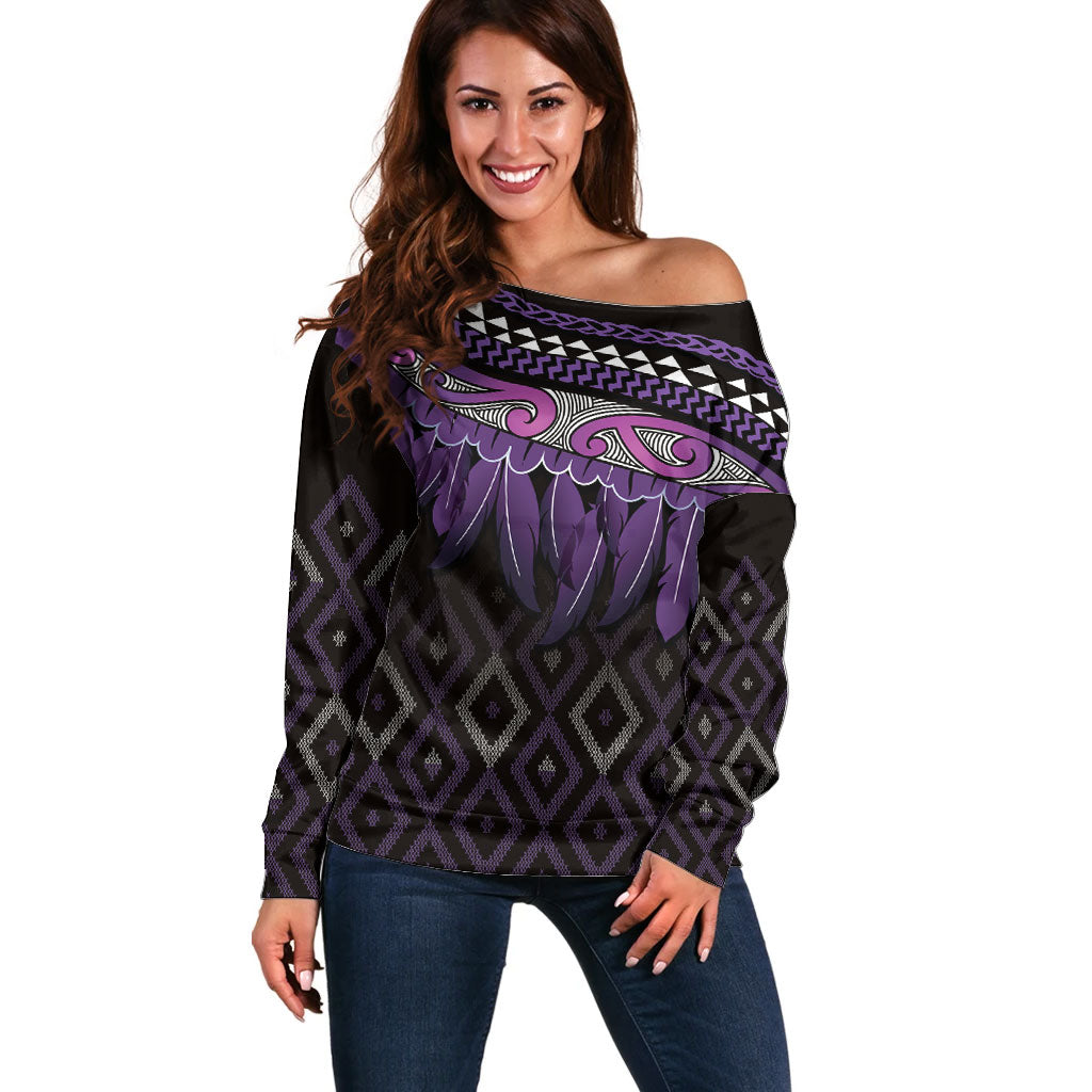 Aotearoa Maori Ngati Porou Iwi Off Shoulder Sweater Korowai Tukutuku Kaokao Motifs LT7 Women Purple - Polynesian Pride
