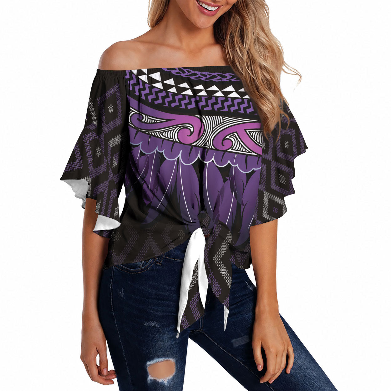Aotearoa Maori Ngati Porou Iwi Off Shoulder Wrap Waist Top Korowai Tukutuku Kaokao Motifs LT7 Purple - Polynesian Pride