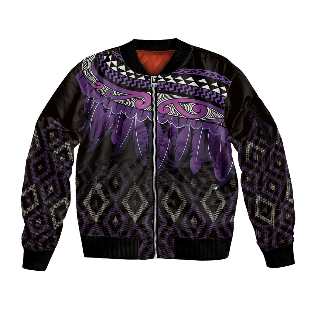 Aotearoa Maori Ngati Porou Iwi Sleeve Zip Bomber Jacket Korowai Tukutuku Kaokao Motifs LT7 Unisex Purple - Polynesian Pride
