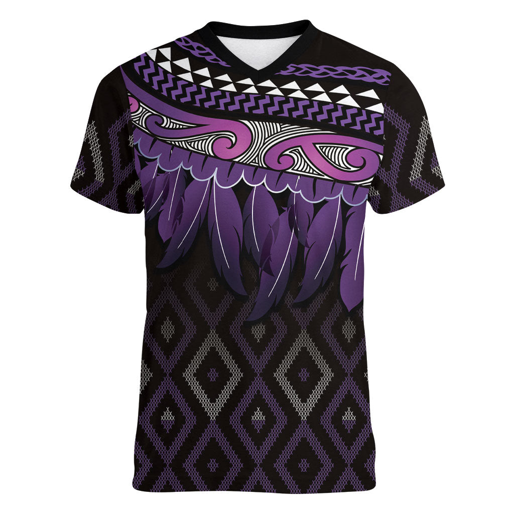 Aotearoa Maori Ngati Porou Iwi Women V-Neck T-Shirt Korowai Tukutuku Kaokao Motifs LT7 Female Purple - Polynesian Pride