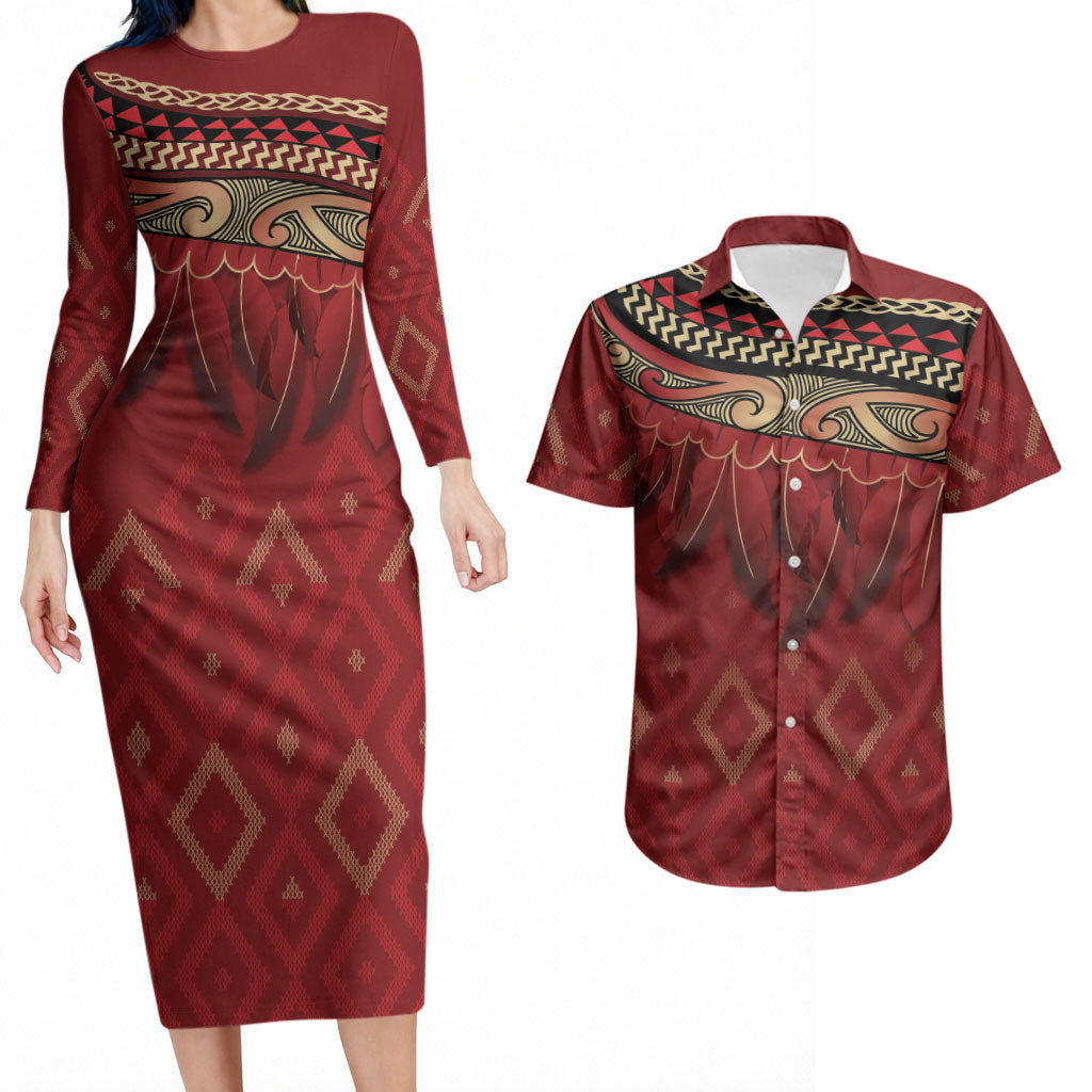 Aotearoa Maori Waikato Tainui Iwi Couples Matching Long Sleeve Bodycon Dress and Hawaiian Shirt Korowai Tukutuku Kaokao Motifs LT7 Red - Polynesian Pride