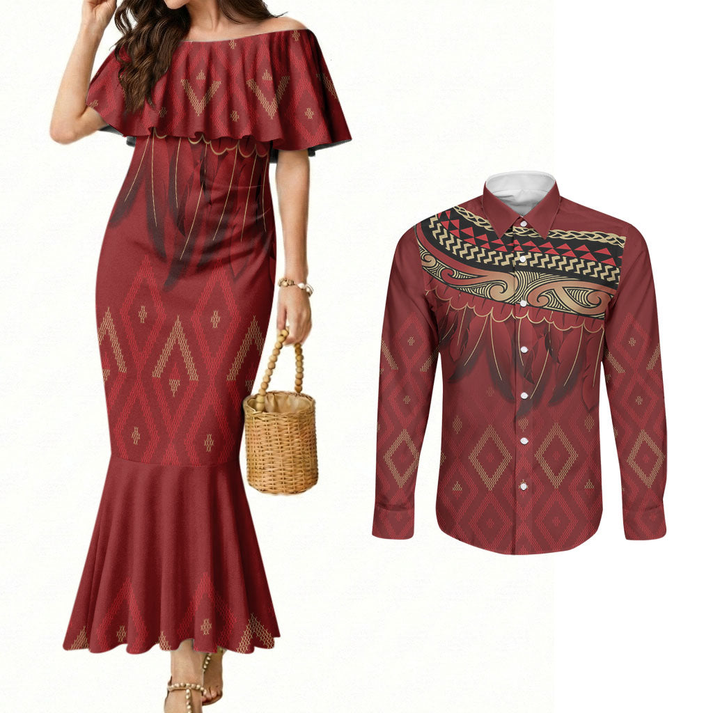 Aotearoa Maori Waikato Tainui Iwi Couples Matching Mermaid Dress and Long Sleeve Button Shirt Korowai Tukutuku Kaokao Motifs LT7 Red - Polynesian Pride