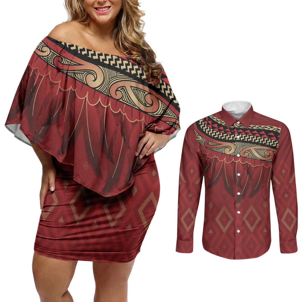Aotearoa Maori Waikato Tainui Iwi Couples Matching Off Shoulder Short Dress and Long Sleeve Button Shirt Korowai Tukutuku Kaokao Motifs LT7 Red - Polynesian Pride