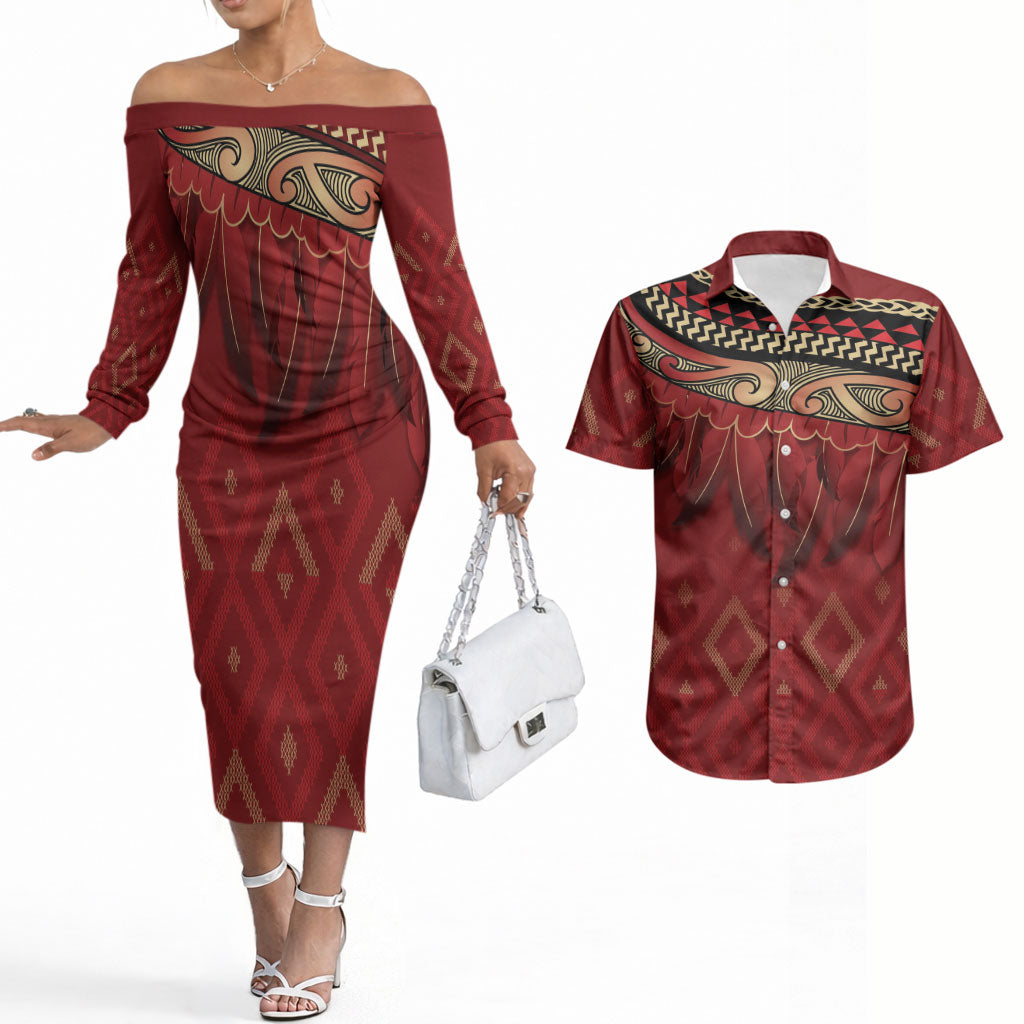 Aotearoa Maori Waikato Tainui Iwi Couples Matching Off The Shoulder Long Sleeve Dress and Hawaiian Shirt Korowai Tukutuku Kaokao Motifs LT7 Red - Polynesian Pride