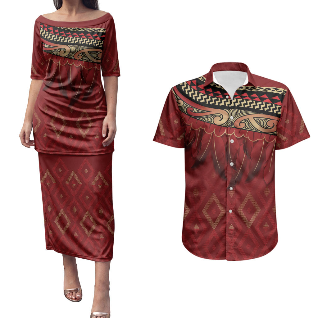 Aotearoa Maori Waikato Tainui Iwi Couples Matching Puletasi and Hawaiian Shirt Korowai Tukutuku Kaokao Motifs LT7 Red - Polynesian Pride