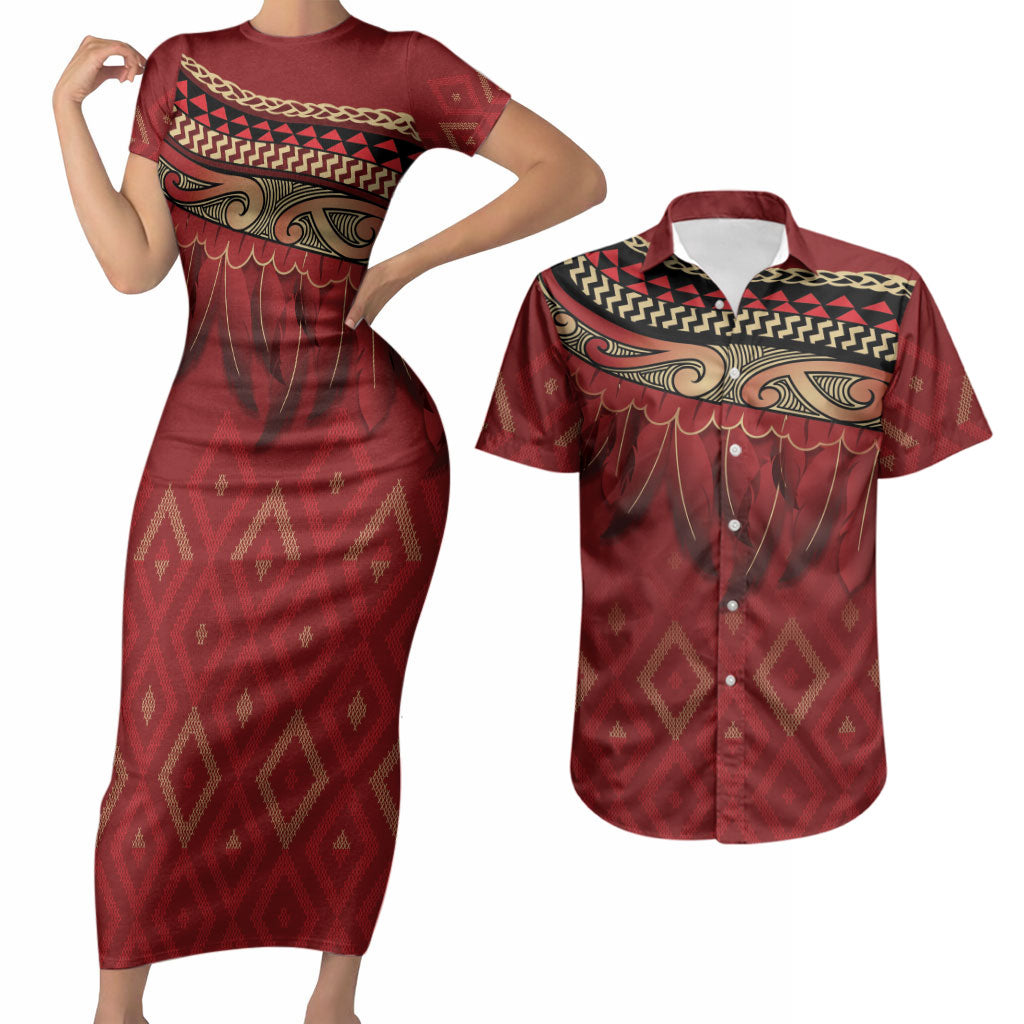 Aotearoa Maori Waikato Tainui Iwi Couples Matching Short Sleeve Bodycon Dress and Hawaiian Shirt Korowai Tukutuku Kaokao Motifs LT7 Red - Polynesian Pride