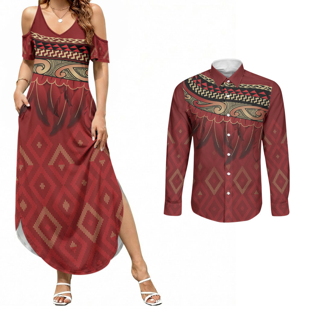 Aotearoa Maori Waikato Tainui Iwi Couples Matching Summer Maxi Dress and Long Sleeve Button Shirt Korowai Tukutuku Kaokao Motifs LT7 Red - Polynesian Pride