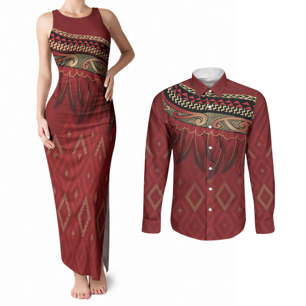 Aotearoa Maori Waikato Tainui Iwi Couples Matching Tank Maxi Dress and Long Sleeve Button Shirt Korowai Tukutuku Kaokao Motifs
