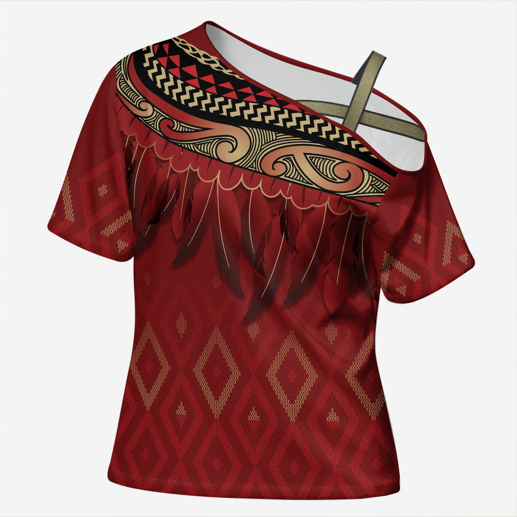 Aotearoa Maori Waikato Tainui Iwi Cross Shoulder Shirt Korowai Tukutuku Kaokao Motifs LT7 Female Red - Polynesian Pride