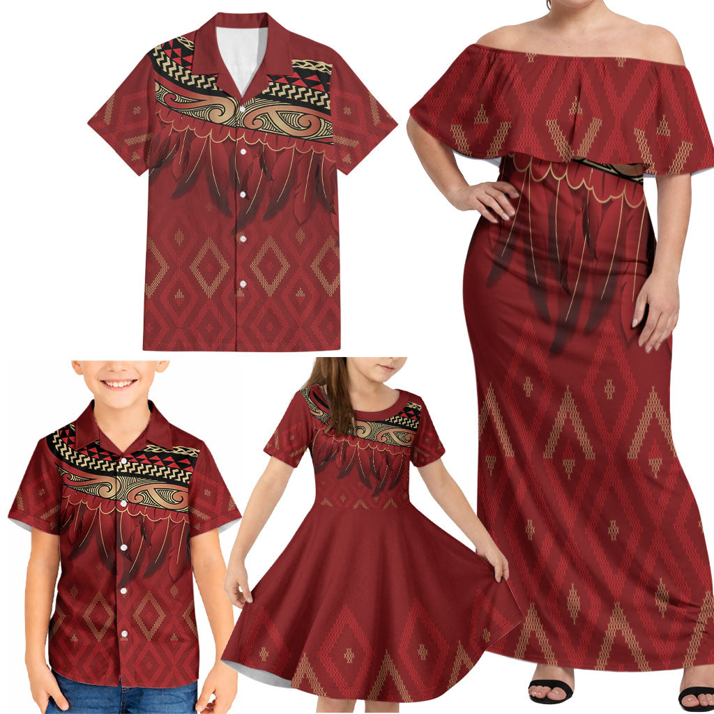 Aotearoa Maori Waikato Tainui Iwi Family Matching Off Shoulder Maxi Dress and Hawaiian Shirt Korowai Tukutuku Kaokao Motifs LT7 - Polynesian Pride