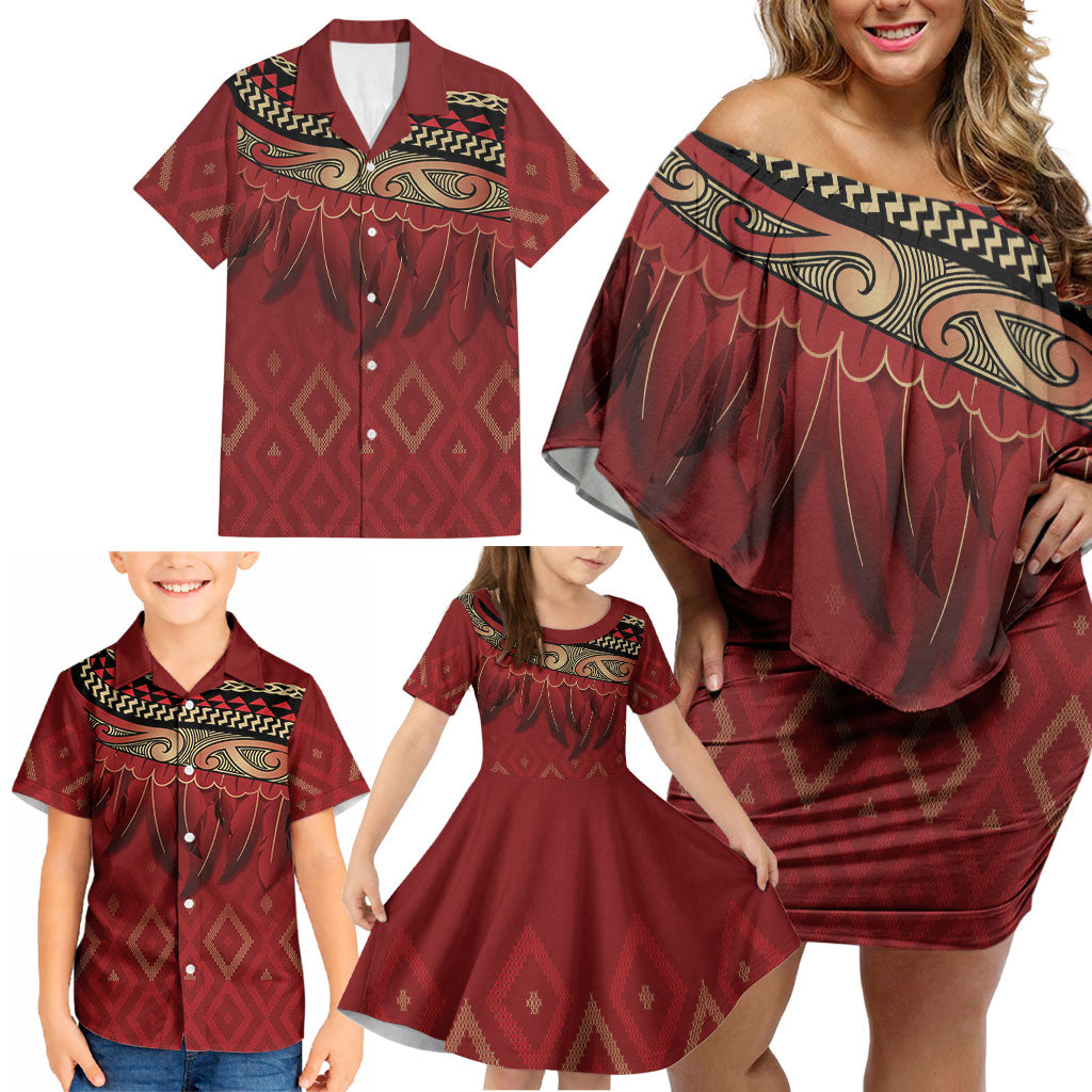 Aotearoa Maori Waikato Tainui Iwi Family Matching Off Shoulder Short Dress and Hawaiian Shirt Korowai Tukutuku Kaokao Motifs LT7 - Polynesian Pride