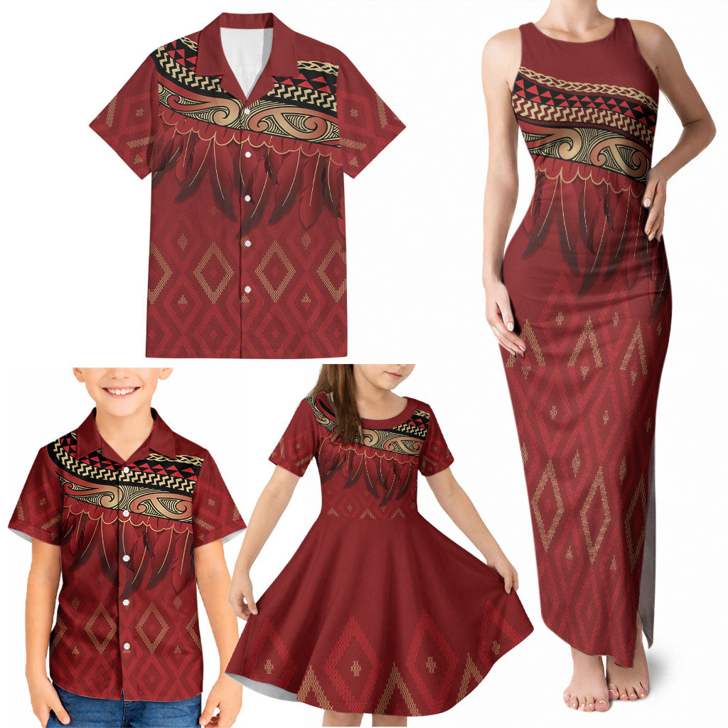 Aotearoa Maori Waikato Tainui Iwi Family Matching Tank Maxi Dress and Hawaiian Shirt Korowai Tukutuku Kaokao Motifs LT7 - Polynesian Pride