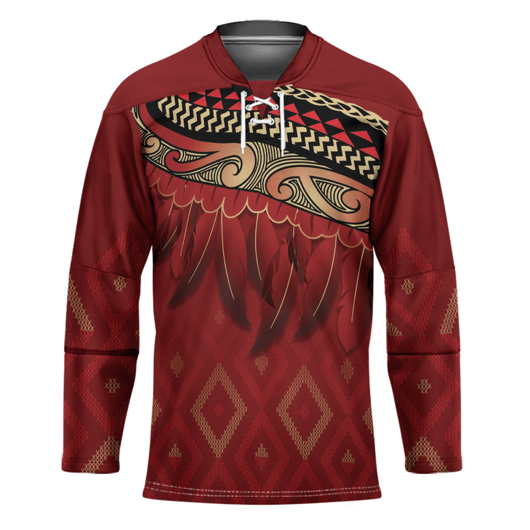 Aotearoa Maori Waikato Tainui Iwi Hockey Jersey Korowai Tukutuku Kaokao Motifs LT7 Unisex Red - Polynesian Pride