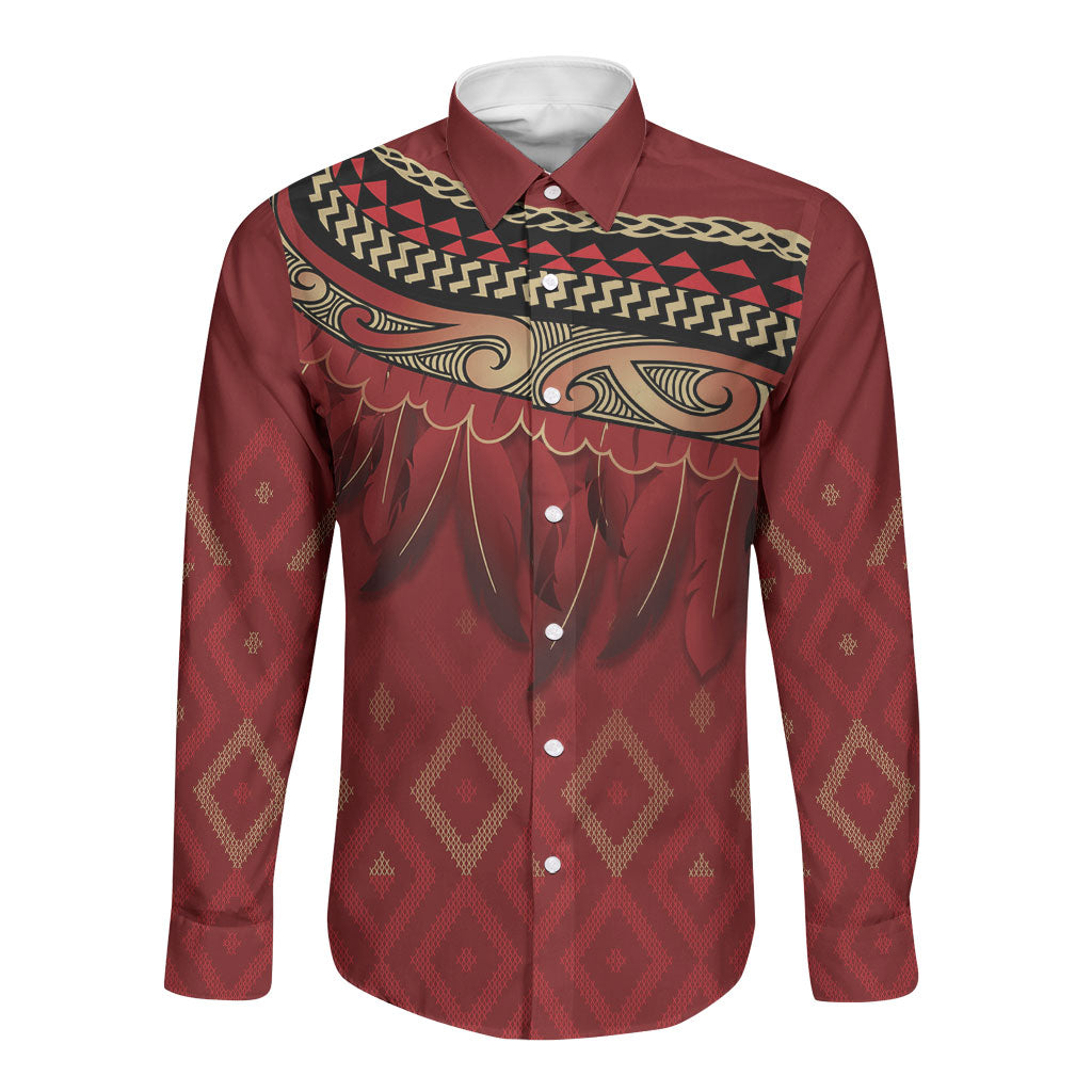 Aotearoa Maori Waikato Tainui Iwi Long Sleeve Button Shirt Korowai Tukutuku Kaokao Motifs LT7 Unisex Red - Polynesian Pride