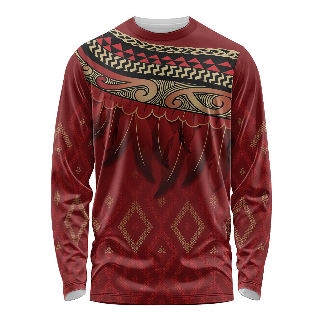 Aotearoa Maori Waikato Tainui Iwi Long Sleeve Shirt Korowai Tukutuku Kaokao Motifs LT7 Unisex Red - Polynesian Pride