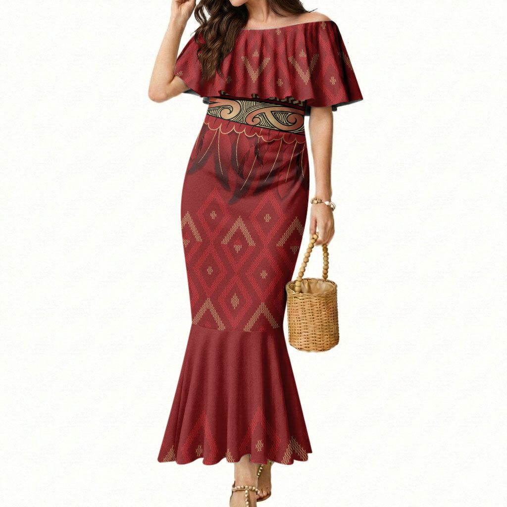 Aotearoa Maori Waikato Tainui Iwi Mermaid Dress Korowai Tukutuku Kaokao Motifs LT7 Women Red - Polynesian Pride
