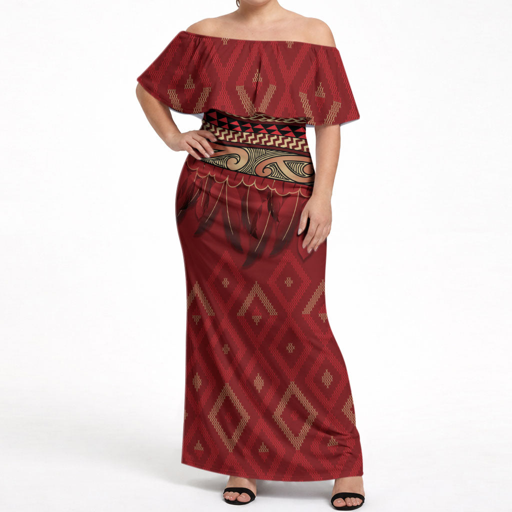 Aotearoa Maori Waikato Tainui Iwi Off Shoulder Maxi Dress Korowai Tukutuku Kaokao Motifs LT7 Women Red - Polynesian Pride