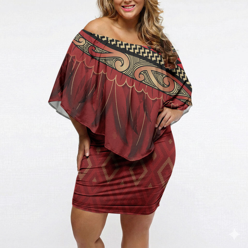 Aotearoa Maori Waikato Tainui Iwi Off Shoulder Short Dress Korowai Tukutuku Kaokao Motifs LT7 Women Red - Polynesian Pride