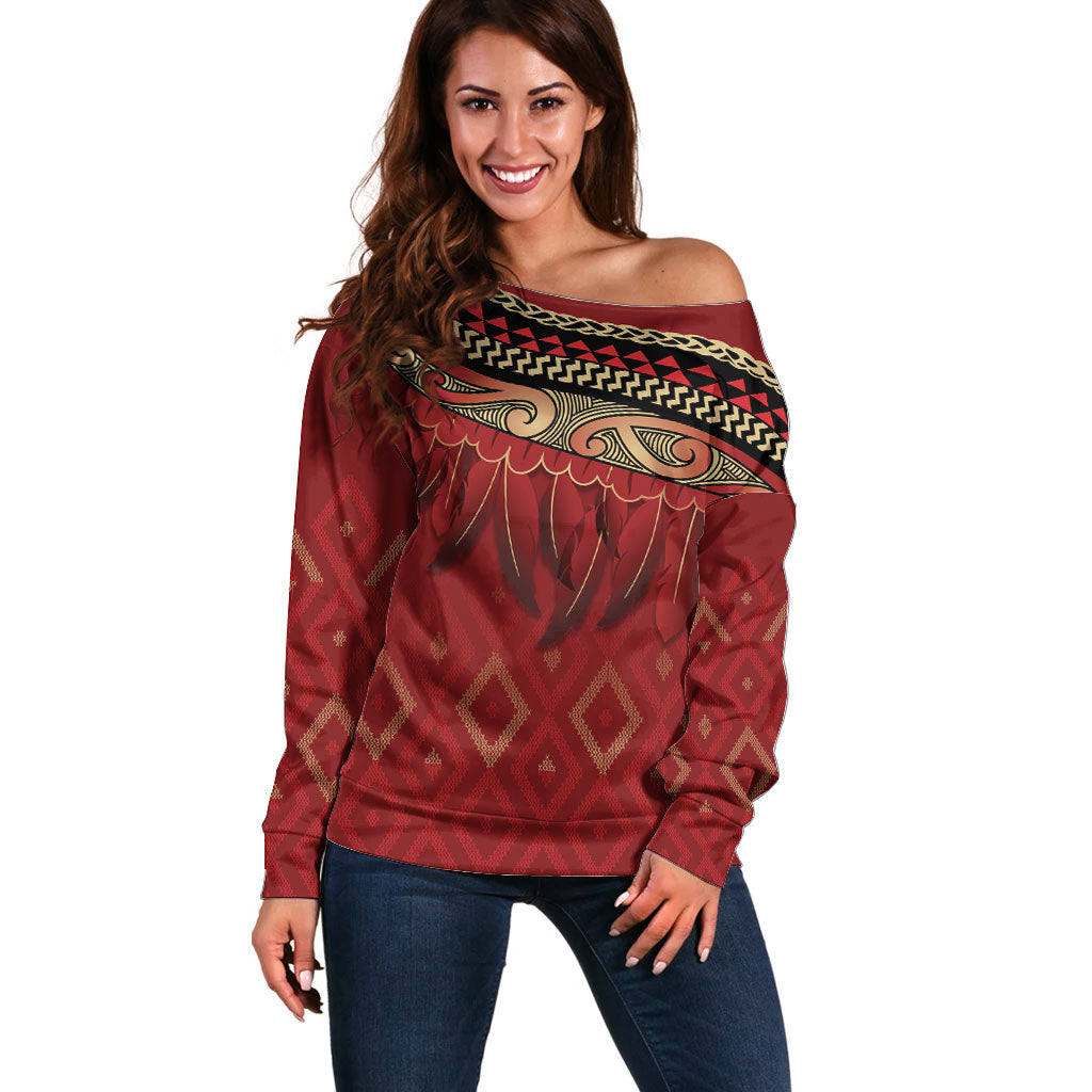 Aotearoa Maori Waikato Tainui Iwi Off Shoulder Sweater Korowai Tukutuku Kaokao Motifs LT7 Women Red - Polynesian Pride