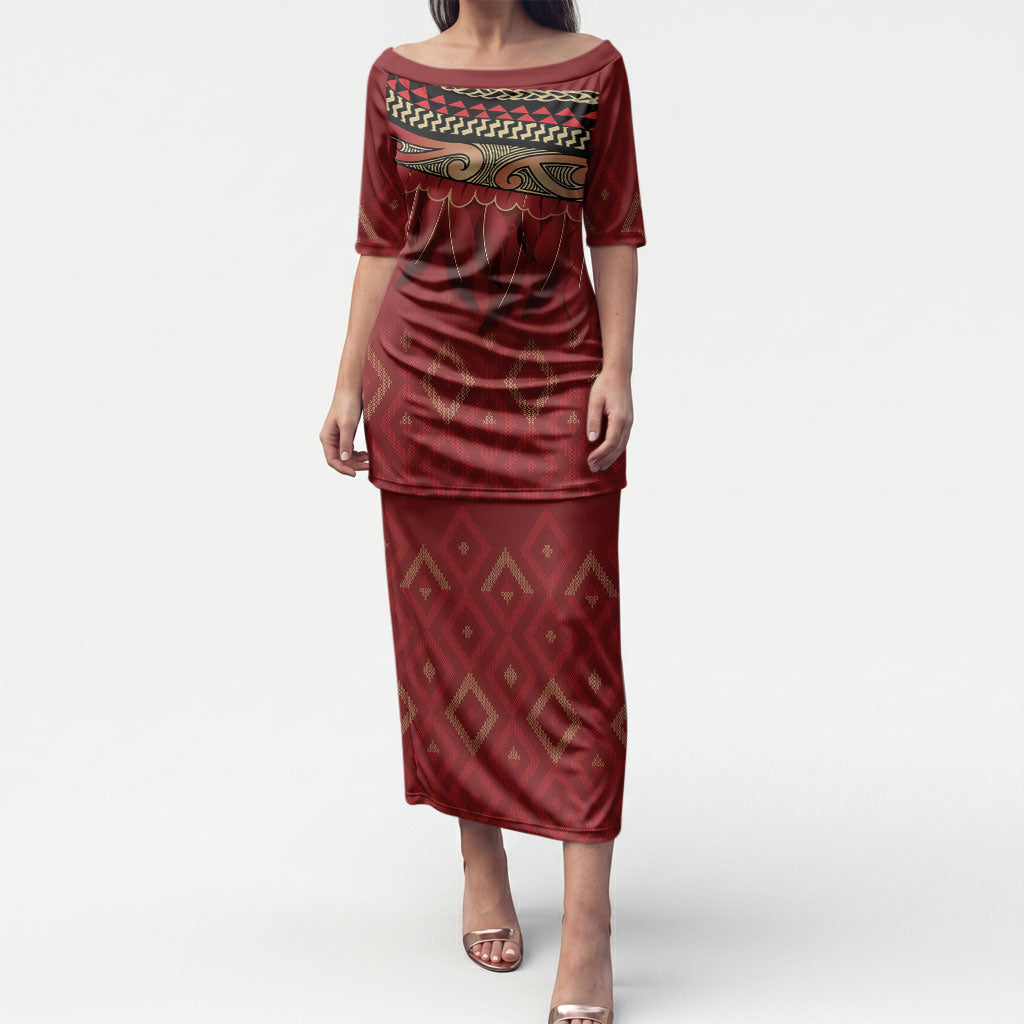 Aotearoa Maori Waikato Tainui Iwi Puletasi Korowai Tukutuku Kaokao Motifs LT7 Long Dress Red - Polynesian Pride
