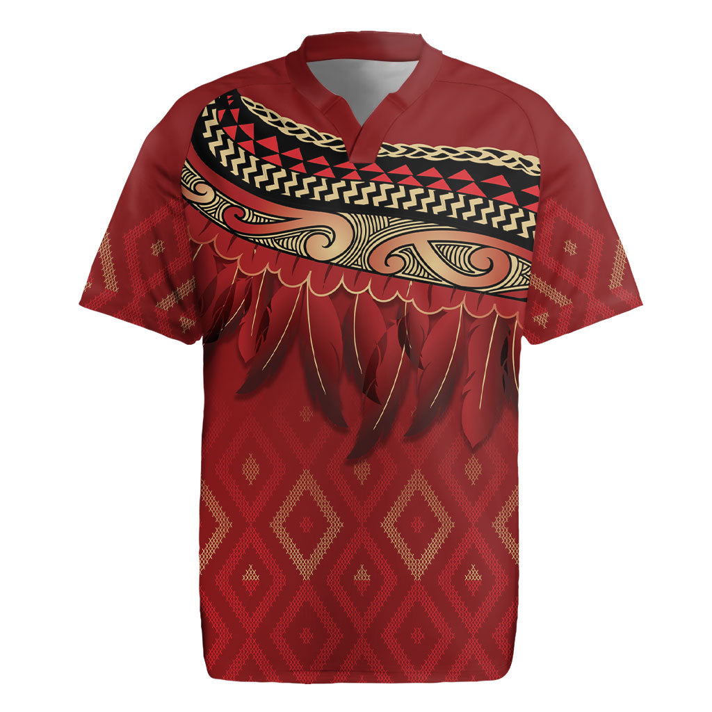 Aotearoa Maori Waikato Tainui Iwi Rugby Jersey Korowai Tukutuku Kaokao Motifs LT7 Red - Polynesian Pride