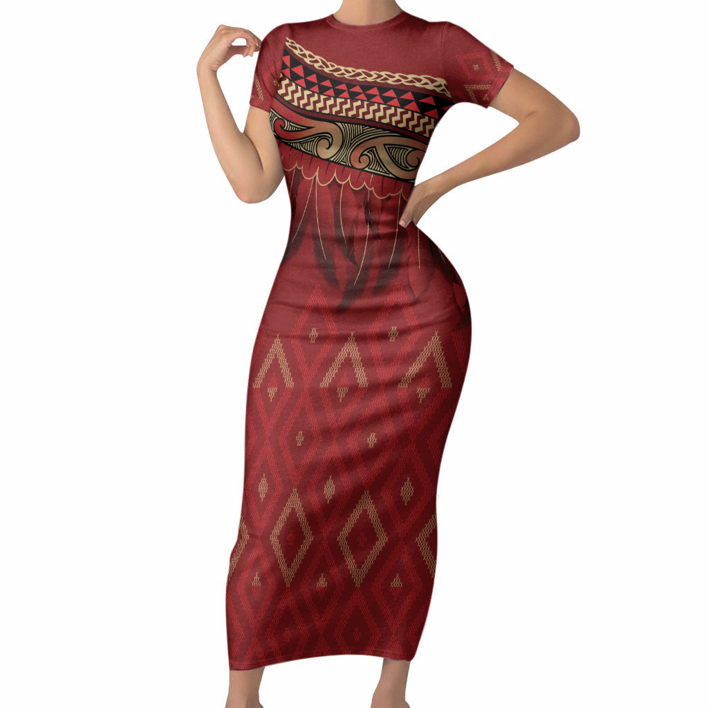 Aotearoa Maori Waikato Tainui Iwi Short Sleeve Bodycon Dress Korowai Tukutuku Kaokao Motifs LT7 Long Dress Red - Polynesian Pride