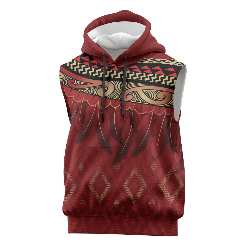 Aotearoa Maori Waikato Tainui Iwi Sleeveless Hoodie Korowai Tukutuku Kaokao Motifs LT7 Red - Polynesian Pride