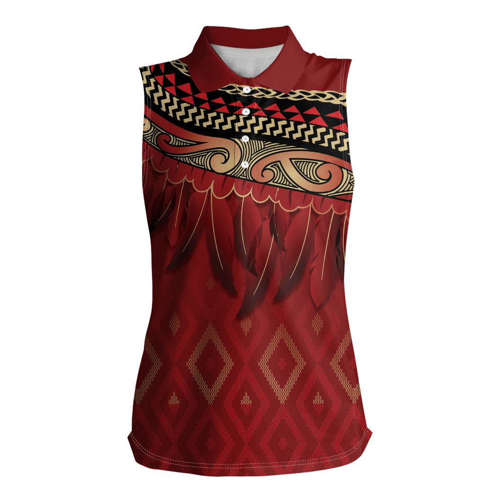 Aotearoa Maori Waikato Tainui Iwi Women Sleeveless Polo Shirt Korowai Tukutuku Kaokao Motifs LT7 Female Red - Polynesian Pride