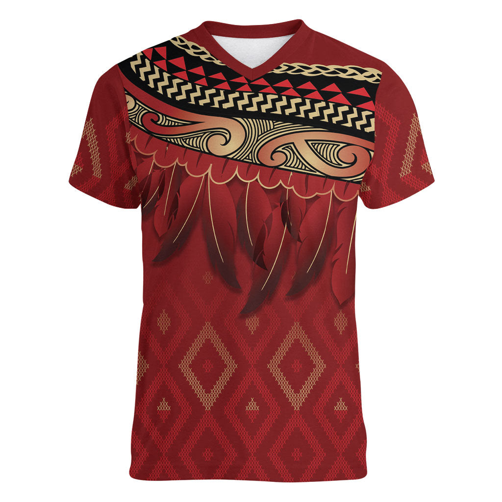 Aotearoa Maori Waikato Tainui Iwi Women V-Neck T-Shirt Korowai Tukutuku Kaokao Motifs LT7 Female Red - Polynesian Pride