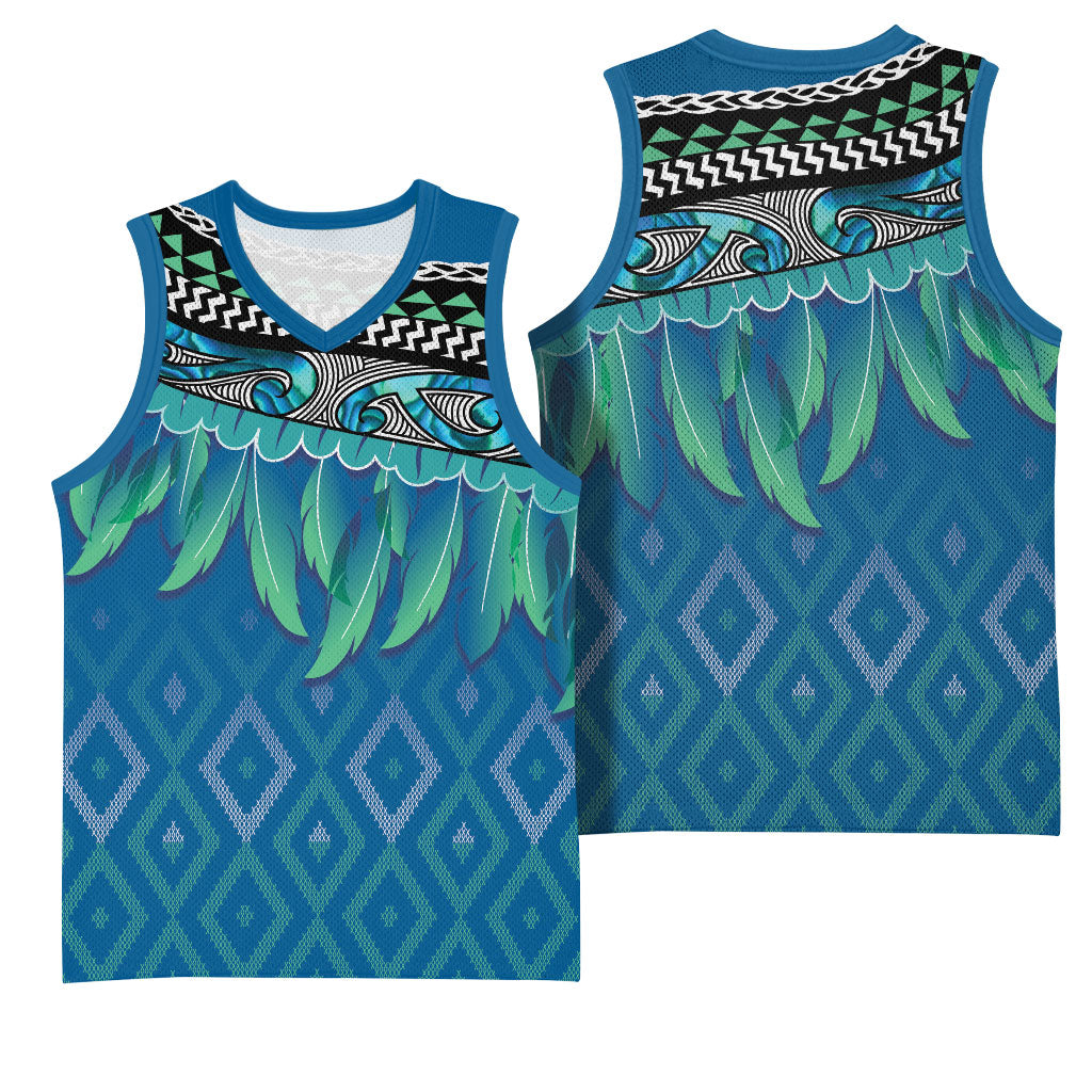 Aotearoa Maori Ngati Kahungunu Iwi Paua Blue Basketball Jersey Korowai Tukutuku Kaokao Motifs