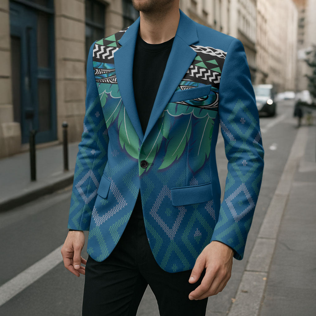 Aotearoa Maori Ngati Kahungunu Iwi Paua Blue Blazer Korowai Tukutuku Kaokao Motifs